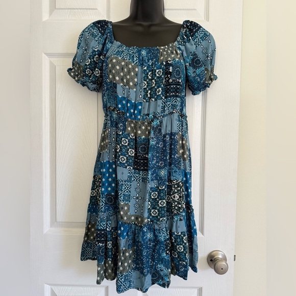 Rewind Paisley Babydoll Mini Dress Size M Teal Navy Cowgirl Western Boho Easter - Picture 8 of 8